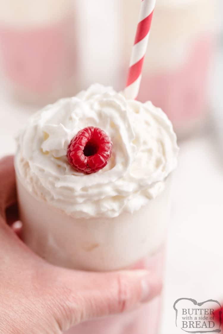 Raspberry Milkshake recipe with cream cheese, cream soda, raspberries and ice cream