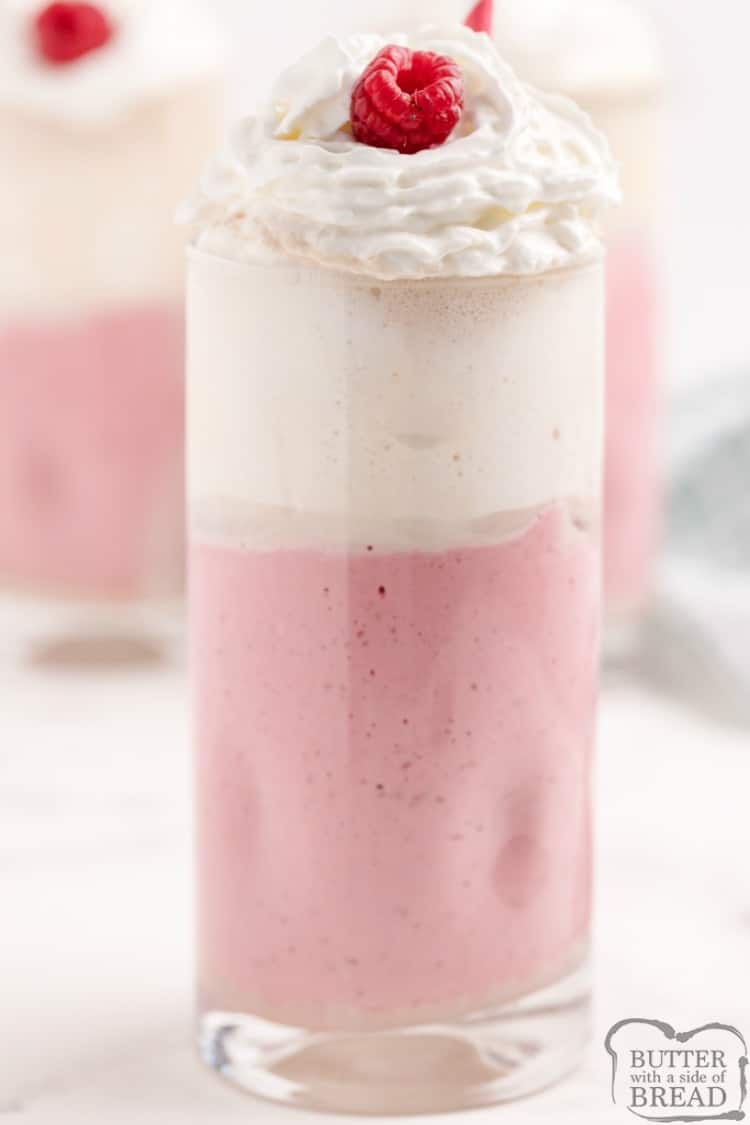 Raspberry Cheesecake Shakes are made with frozen raspberries, cream cheese, ice cream and cream soda. This easy milkshake recipe is so simple to make and is absolutely delicious, especially on really hot summer days!