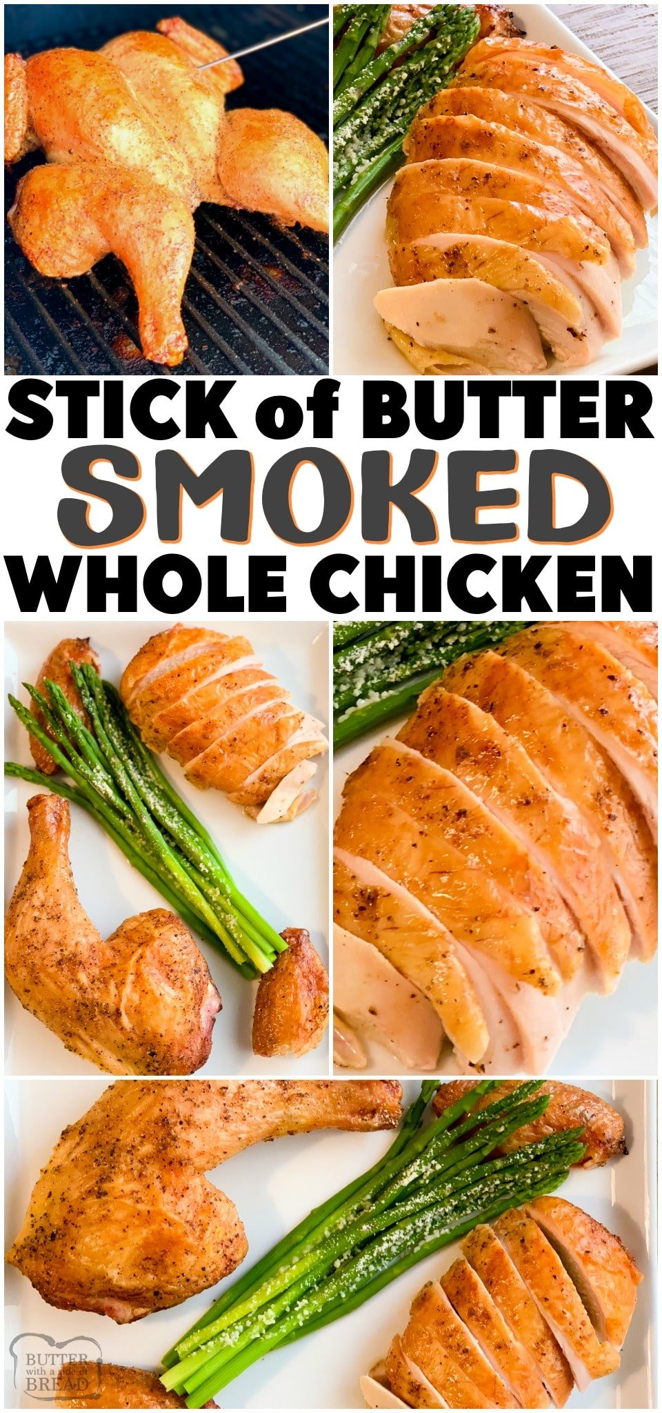 Butter Smoked Whole Chicken that's moist and super flavorful! Spatchcocked chicken cooked in a smoker, brushed with a stick of melted butter and fresh herbs for a perfect whole chicken dinner. #smokedchicken #chicken #butter #grilling #easydinner #dinnerrecipe #chickendinner #smoked #recipe from BUTTER WITH A SIDE OF BREAD
