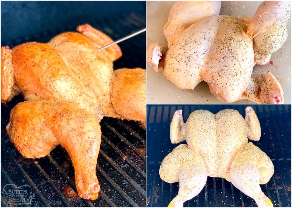 Butter Smoked Whole Chicken that's moist and super flavorful! Spatchcocked chicken cooked in a smoker, brushed with a stick of melted butter and fresh herbs for a perfect whole chicken dinner.