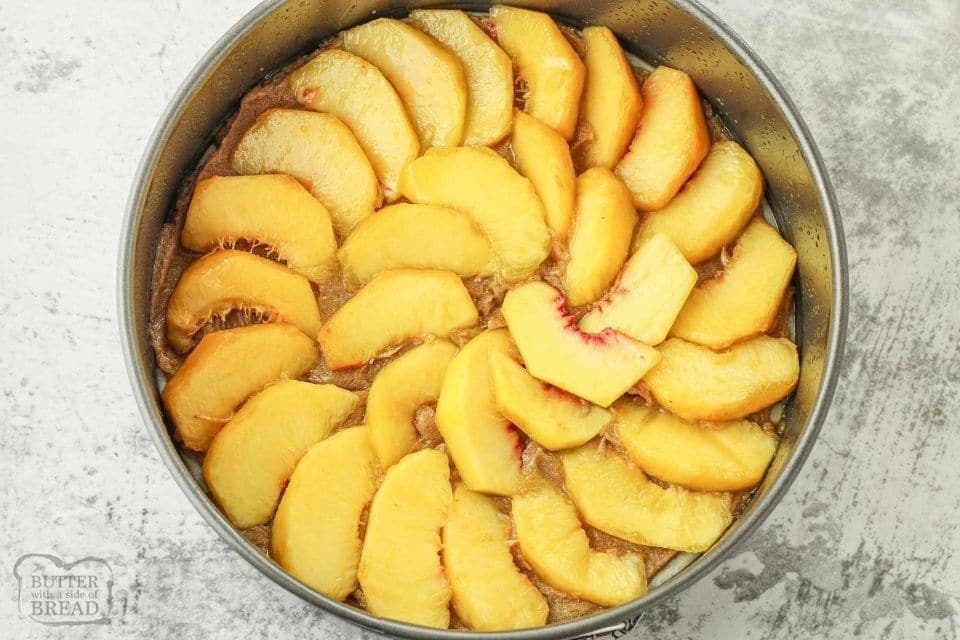 sliced peaches on bottom of springform pan