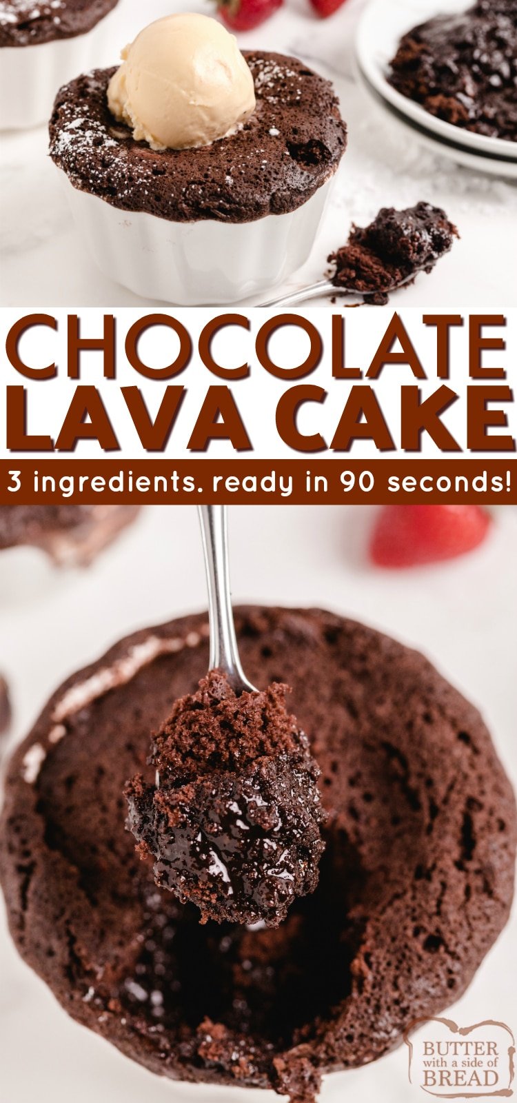 90 Second Chocolate Lava Cake is made with only 3 ingredients and in 3 minutes or less. This is the fastest chocolate mug cake recipe with a sensational molten lava fudge filling!