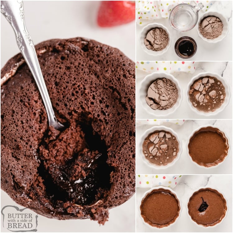 Step by step instructions on how to make individual molten lava cakes in the microwave