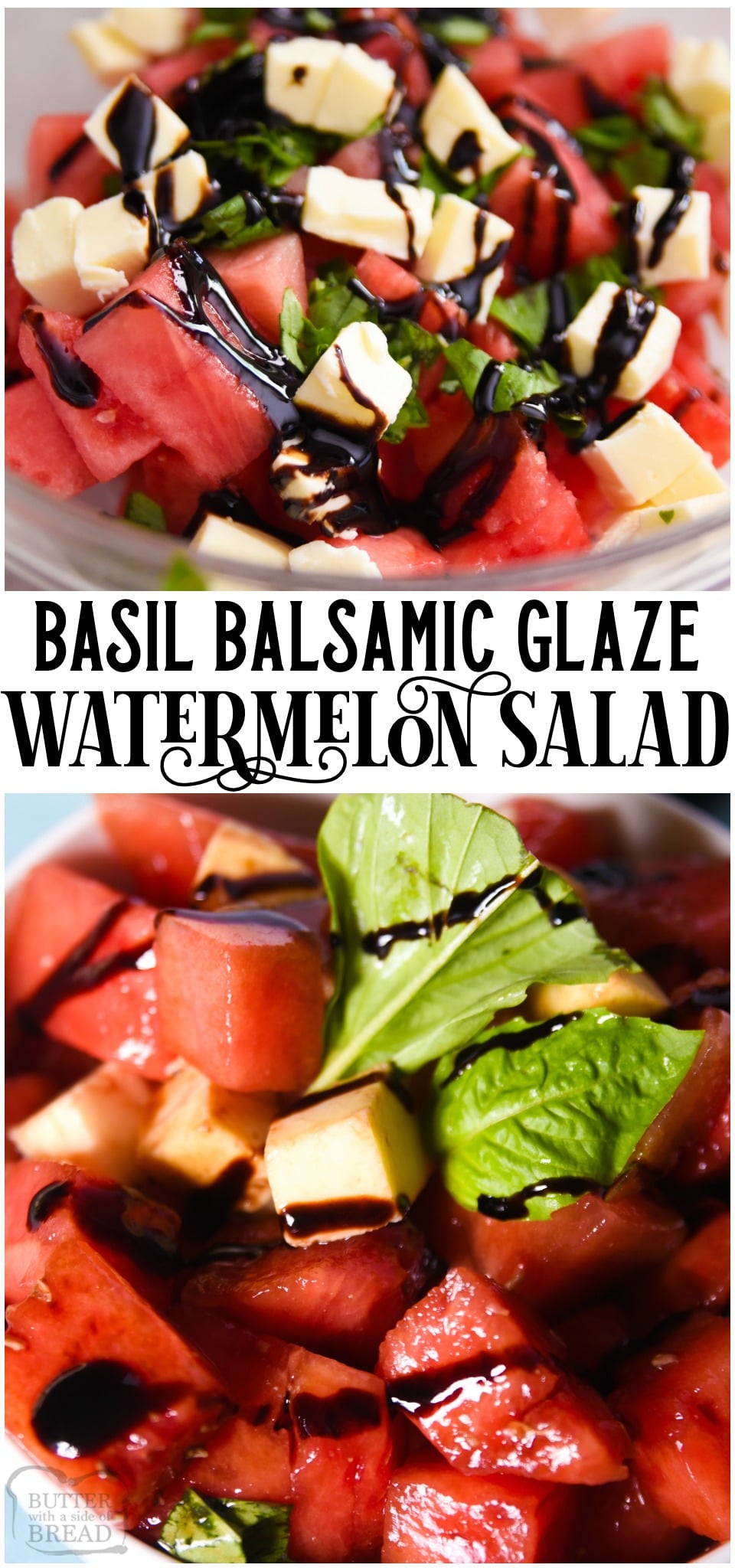 Watermelon Salad recipe with just 4 ingredients! Delightful mix of sweet and savory flavors in this watermelon salad with basil and balsamic vinegar!