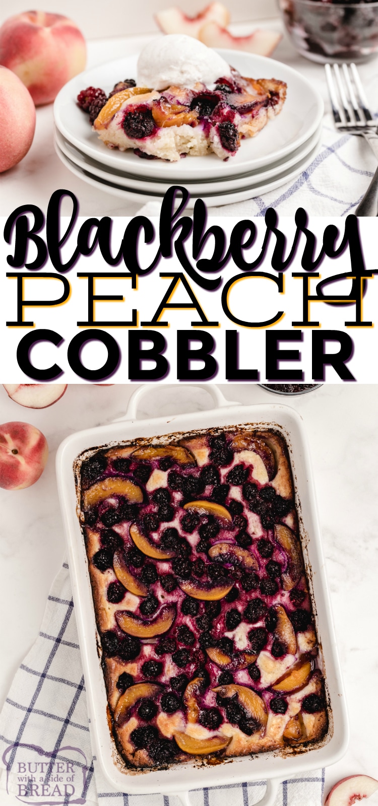 Blackberry Peach Cobbler is made with canned peaches, frozen blackberries and a few other simple ingredients. Delicious easy cobbler recipe! 