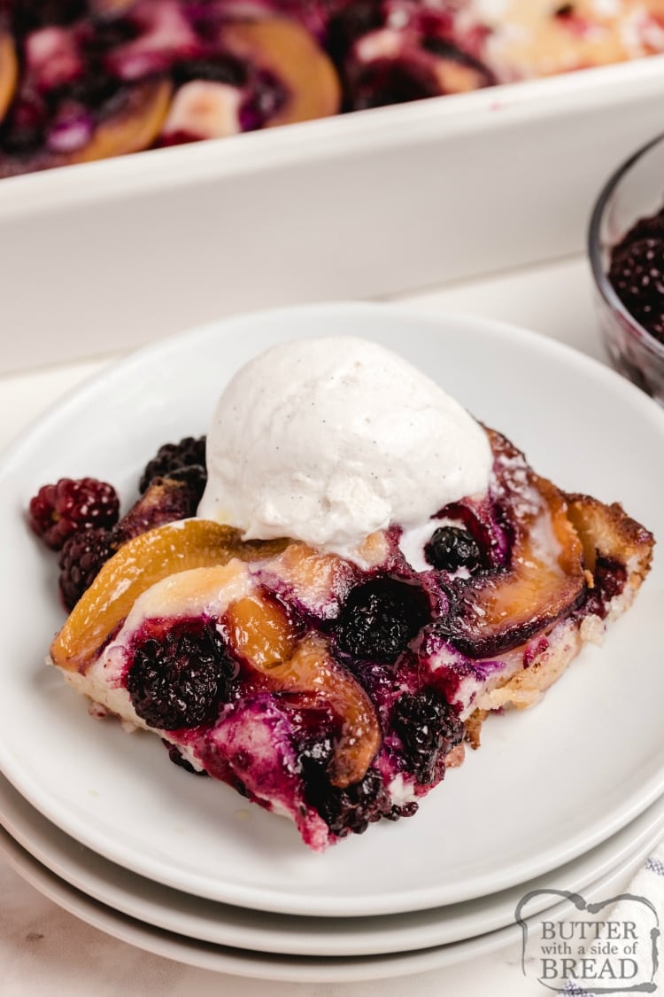 Peach cobbler made with peaches and blackberries