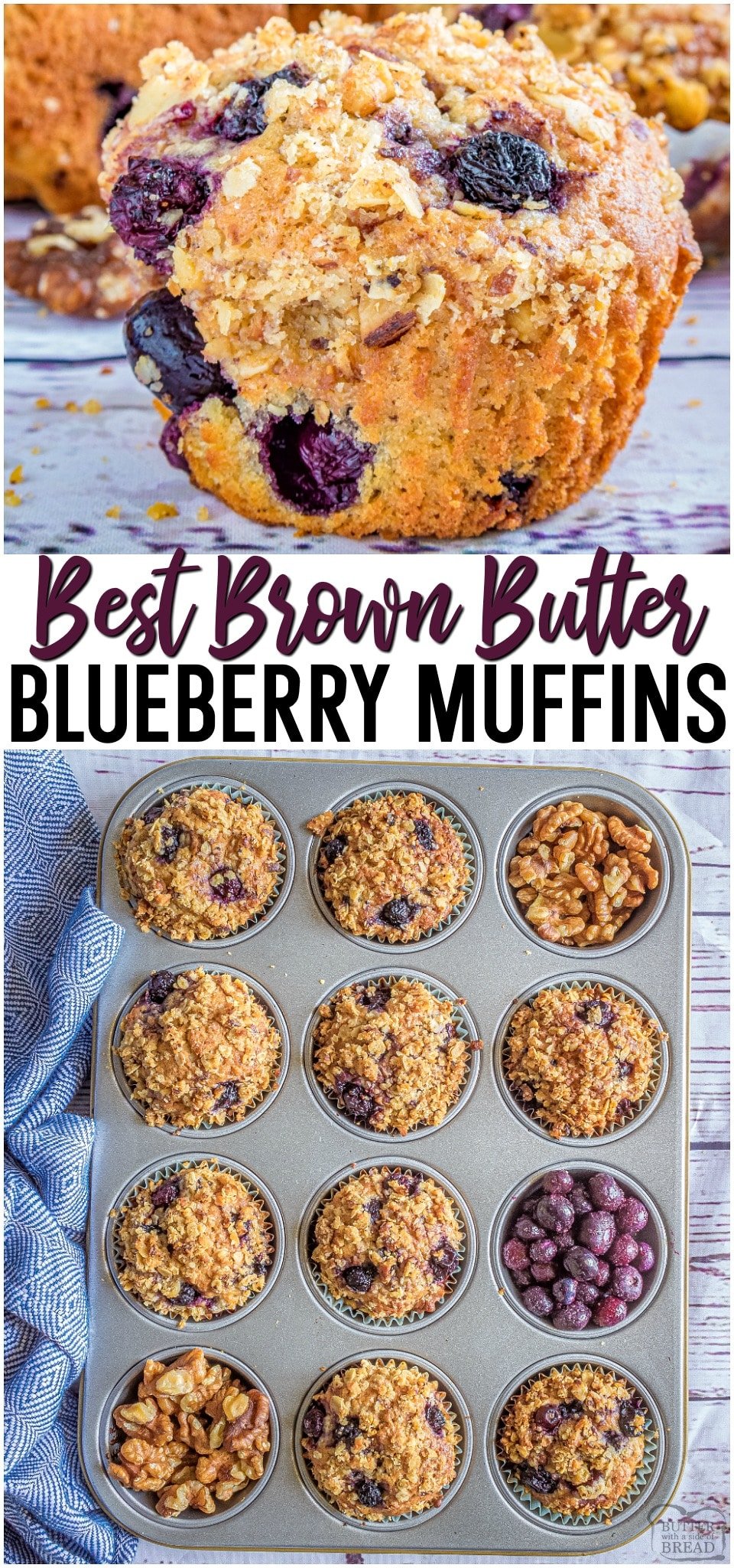 Brown butter blueberry muffins are soft, flavorful muffins topped with a buttery streusel. Homemade Blueberry Muffin recipe that yields soft muffins, bursting with blueberry flavor. #muffins #blueberry #butter #baking #breakfast #recipe from BUTTER WITH A SIDE OF BREAD