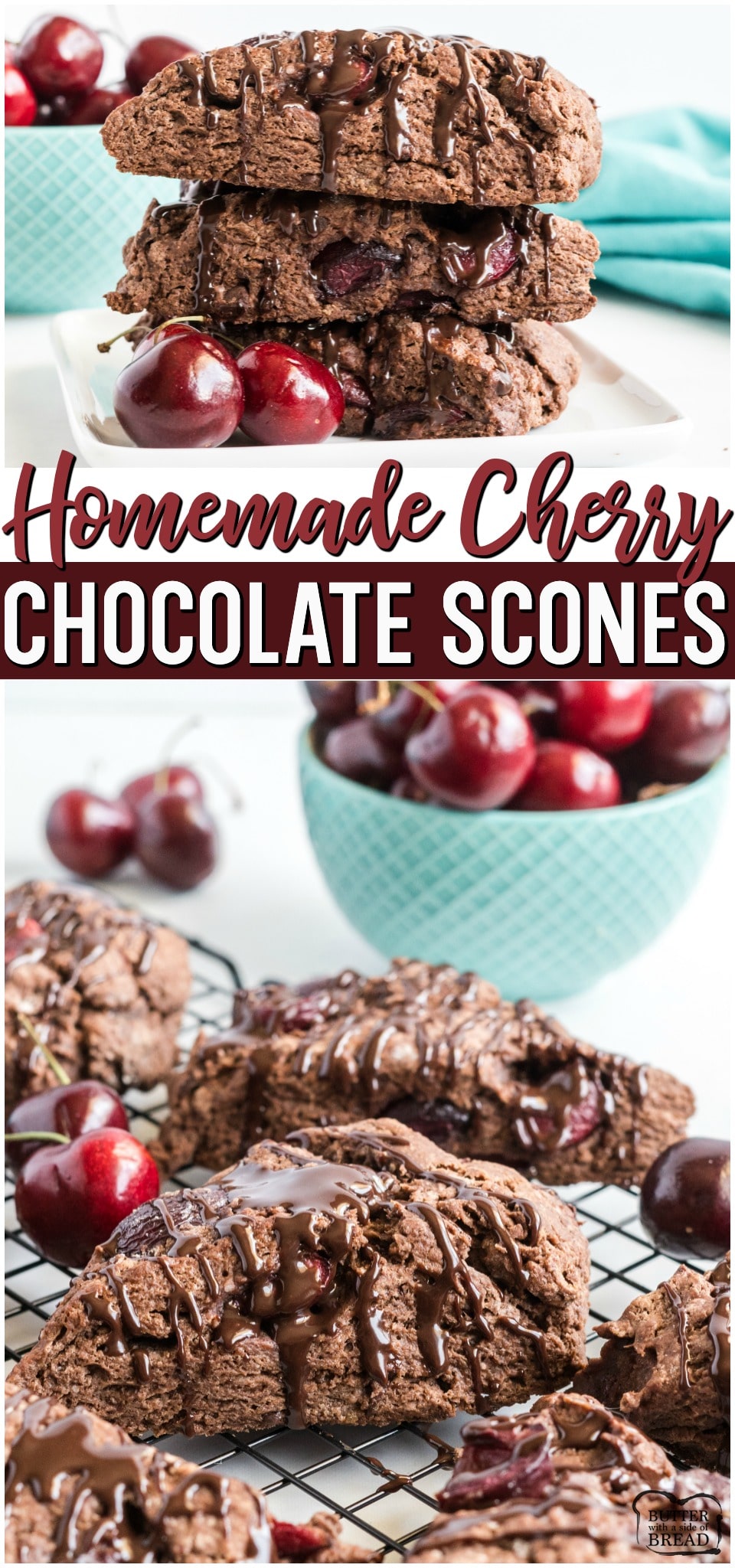 Cherry Chocolate Scones made with fresh cherries & dark chocolate for a perfect soft, sweet chocolate scone. Soft & flavorful homemade scone recipe great for breakfast or a treat! #scones #cherry #chocolate #baking #recipe #breakfast #dessert #scones from BUTTER WITH A SIDE OF BREAD