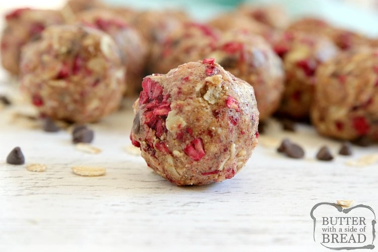 Protein ball made with vanilla protein powder, raspberries and chocolate chips