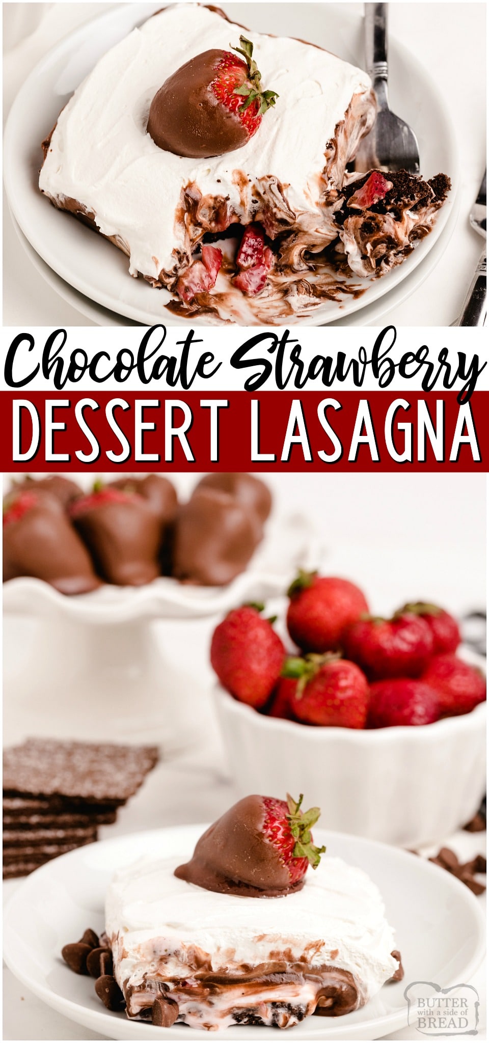 No bake Chocolate Lasagna with Strawberries is a layered pudding dessert filled with chocolate, sweet cream and fresh strawberries! Dessert Lasagna topped with chocolate covered strawberries is perfect for any occasion!