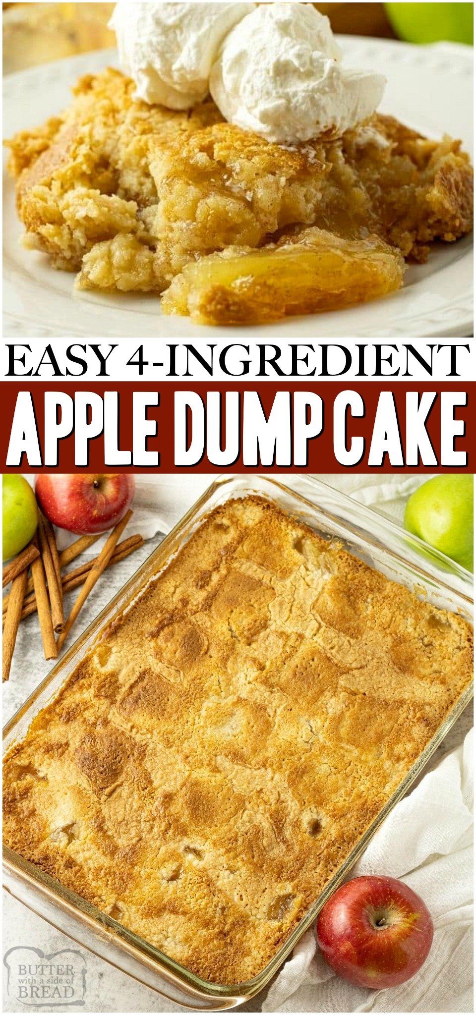 Easy Apple Dump Cake recipe with just 4 simple pantry ingredients! Cake mix & apple pie filling transform into a delicious apple dessert perfect for any occasion.