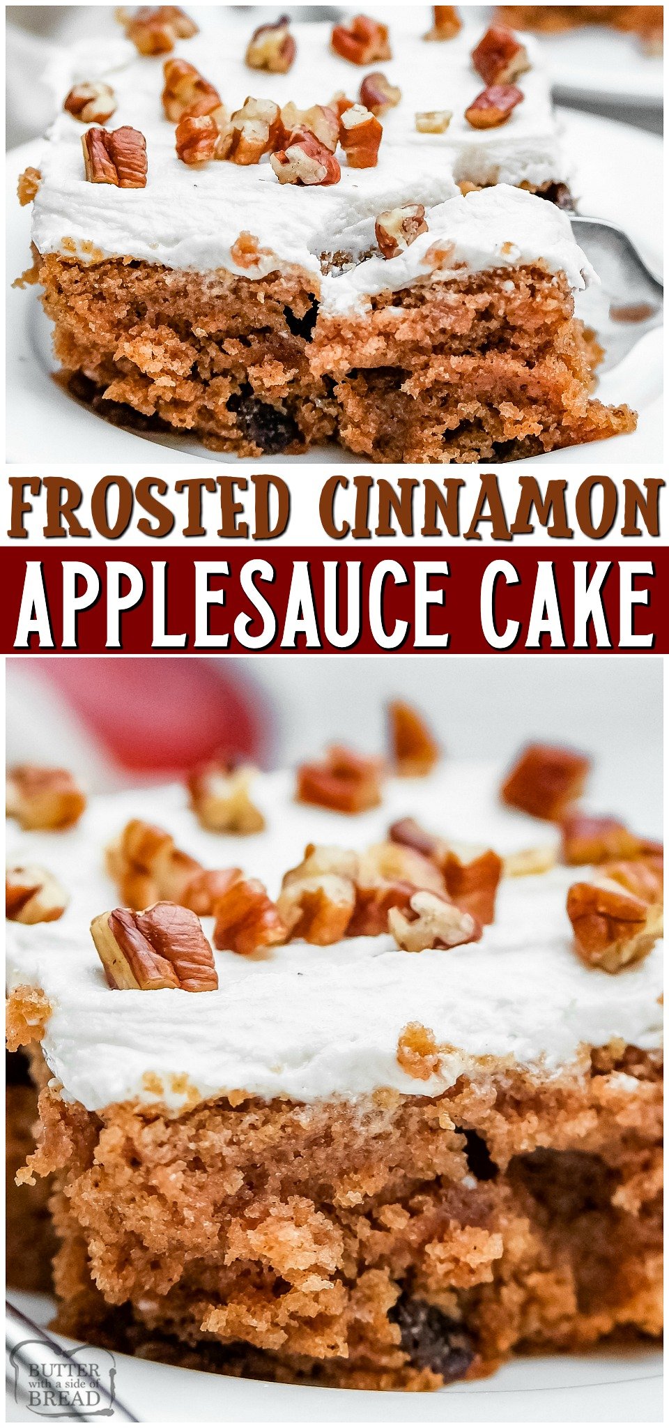 Frosted Applesauce Cake is Fall in cake form! Tender cake with cinnamon & spice, raisins and nuts baked then topped with creamy frosting. Spiced applesauce cake recipe that everyone adores!