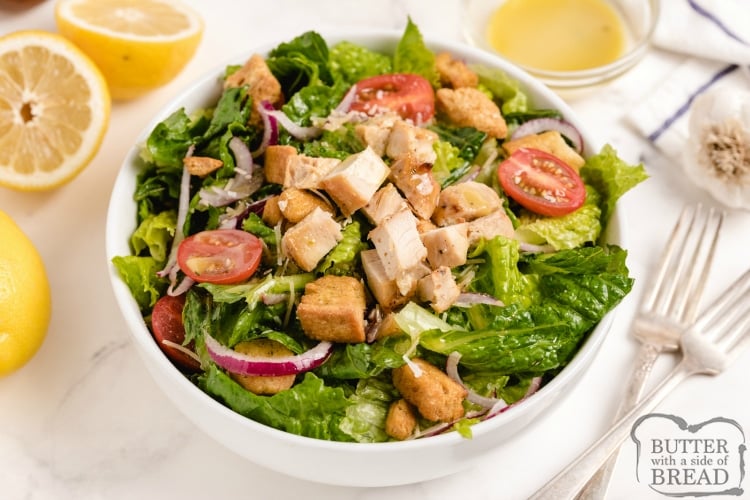 Lemon Caesar Salad is a simple and classic caesar salad recipe with a refreshing, homemade lemon caesar dressing. Serve as a side salad or add grilled chicken to make it an entree!