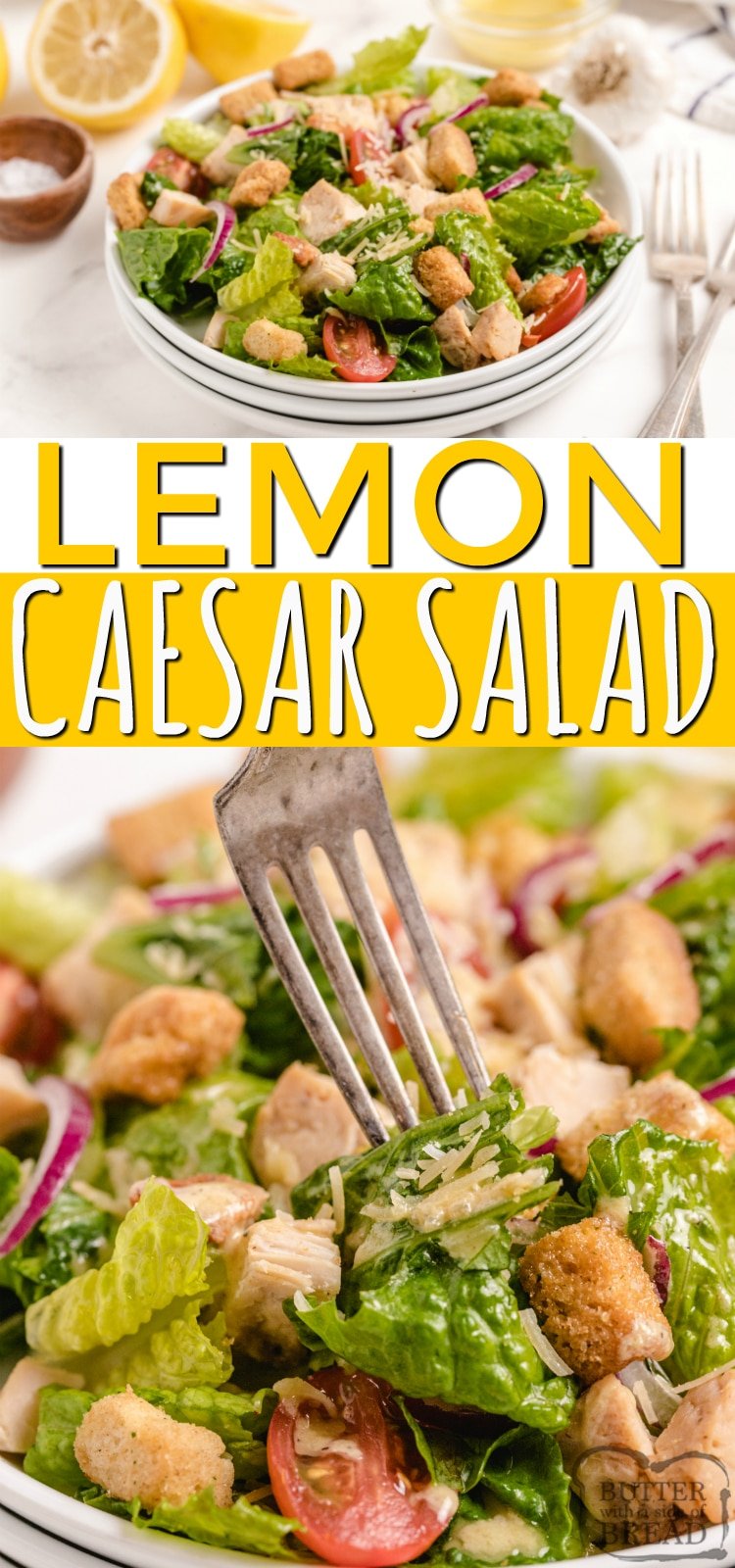 Lemon Caesar Salad is a simple and classic caesar salad recipe with a refreshing, homemade lemon caesar dressing. Serve as a side salad or add grilled chicken to make it an entree!