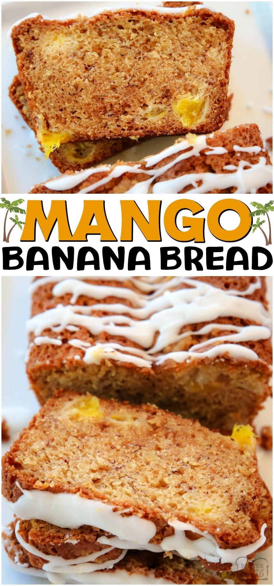Mango Banana Bread made with ripe bananas and fresh mango, topped with a brown sugar streusel and drizzled with icing. A fantastic variation on a traditional banana bread recipe!
