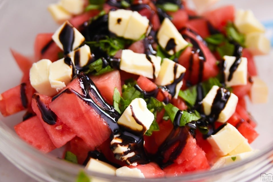 Watermelon Salad recipe with just 4 ingredients! Delightful mix of sweet and savory flavors in this watermelon salad with basil and balsamic vinegar! 