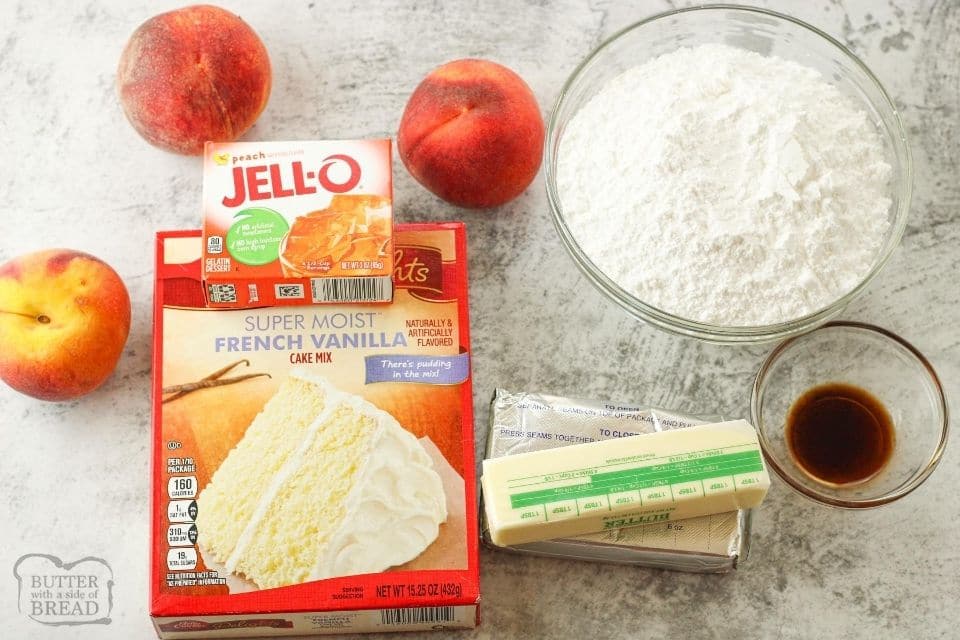ingredients for jello poke cake. Cake mix, jello, peaches, cream cheese, butter and powdered sugar