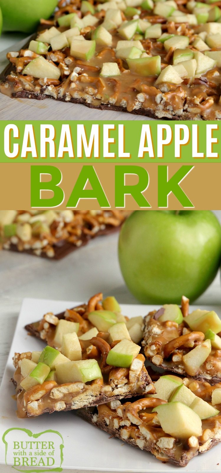 Caramel Apple Bark made with milk chocolate, pretzels, caramel and apples. Only four ingredients to make this simple dessert!