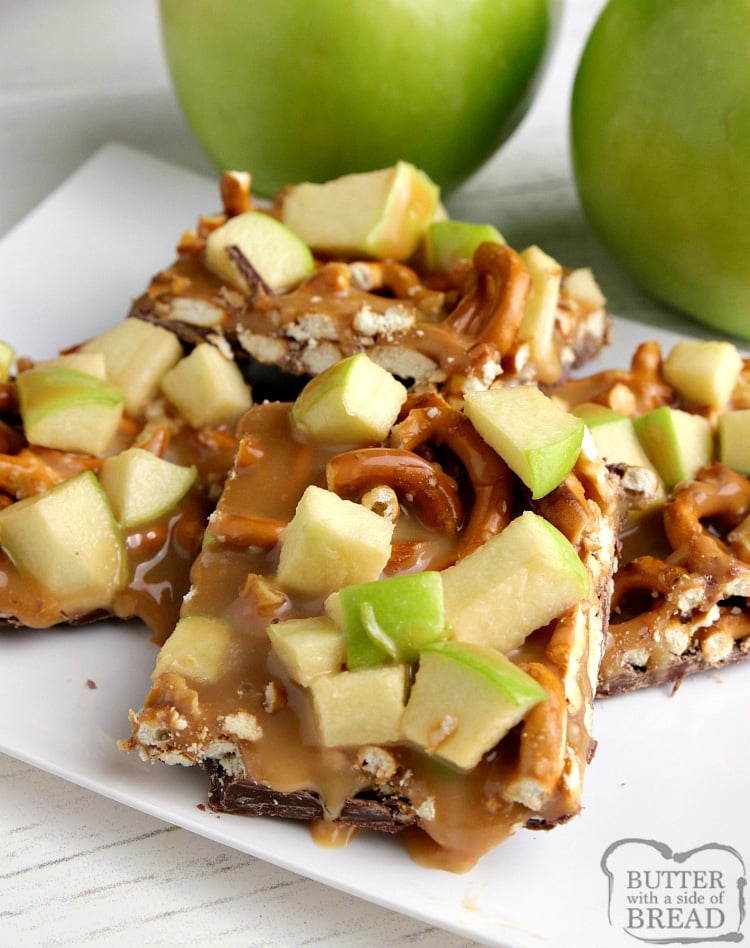 Caramel Apple Bark made with milk chocolate, pretzels, caramel and apples. Only four ingredients to make this simple dessert!