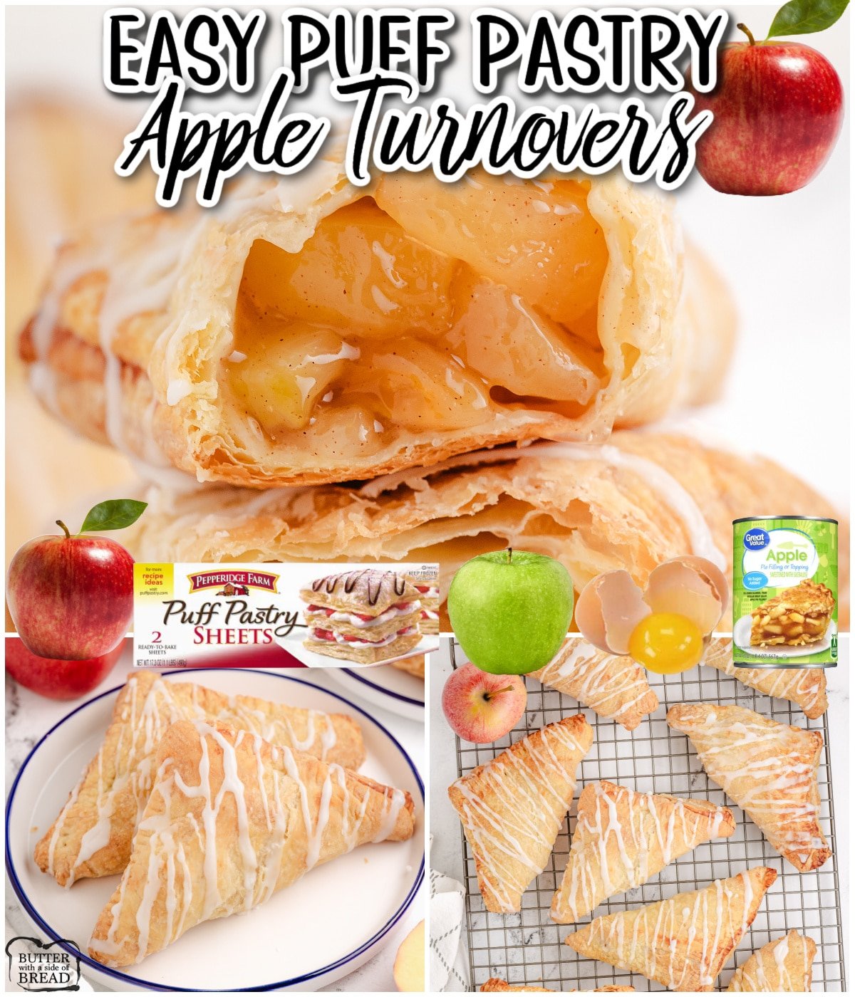 Puff Pastry Apple Turnovers are filled with tangy apple pie filling, baked until golden brown & crispy, then topped with a sweet almond icing! This apple puff pastries are easy to make & delicious!