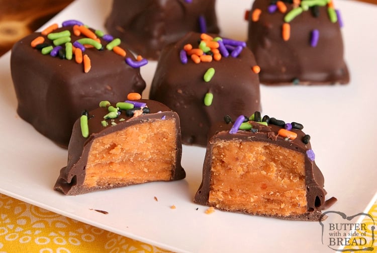 Homemade Butterfinger candy bars made with candy corn and peanut butter