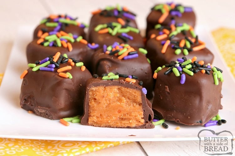 Homemade Butterfinger Bites are made with candy corn, peanut butter and chocolate. Miniature Butterfinger candy bars made in the microwave with only 3 ingredients!