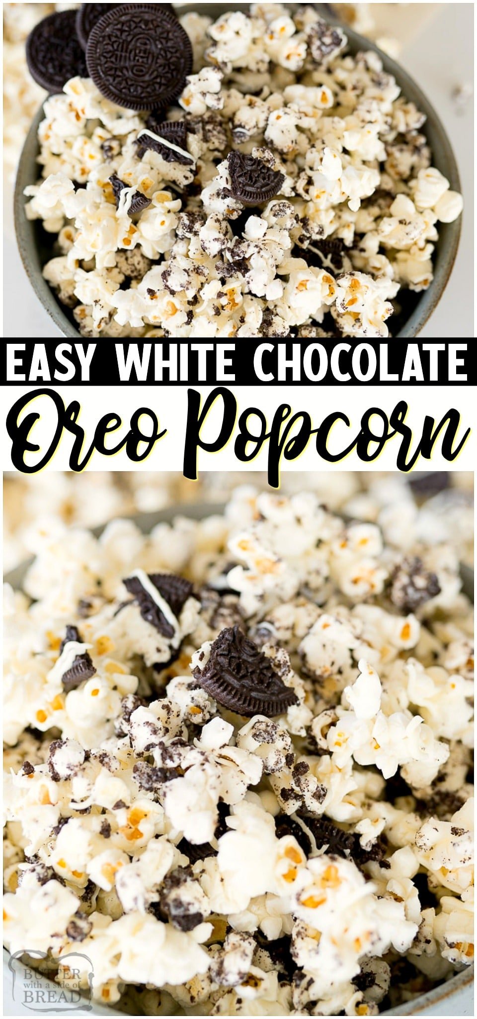 Easy OREO Popcorn is a dessert popcorn made in minutes with just 3 ingredients! Popcorn, white chocolate & Oreos combine for an amazing cookies & cream treat! It's a must-have dessert for Oreo lovers!