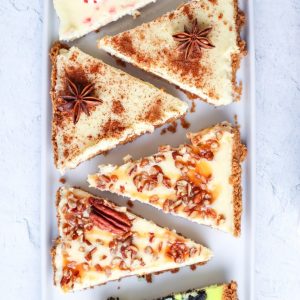 4 delicious flavors of homemade cheesecake made conveniently on a sheet pan! Serve up these 4 Sheetpan Cheesecakes at your next holiday party and watch them disappear!
