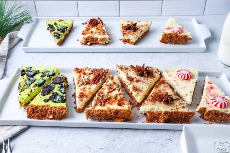 1 sheet pan and 4 delicious flavors of homemade cheesecake made conveniently on a sheet pan. Serve it up at your next holiday party and watch them disappear!