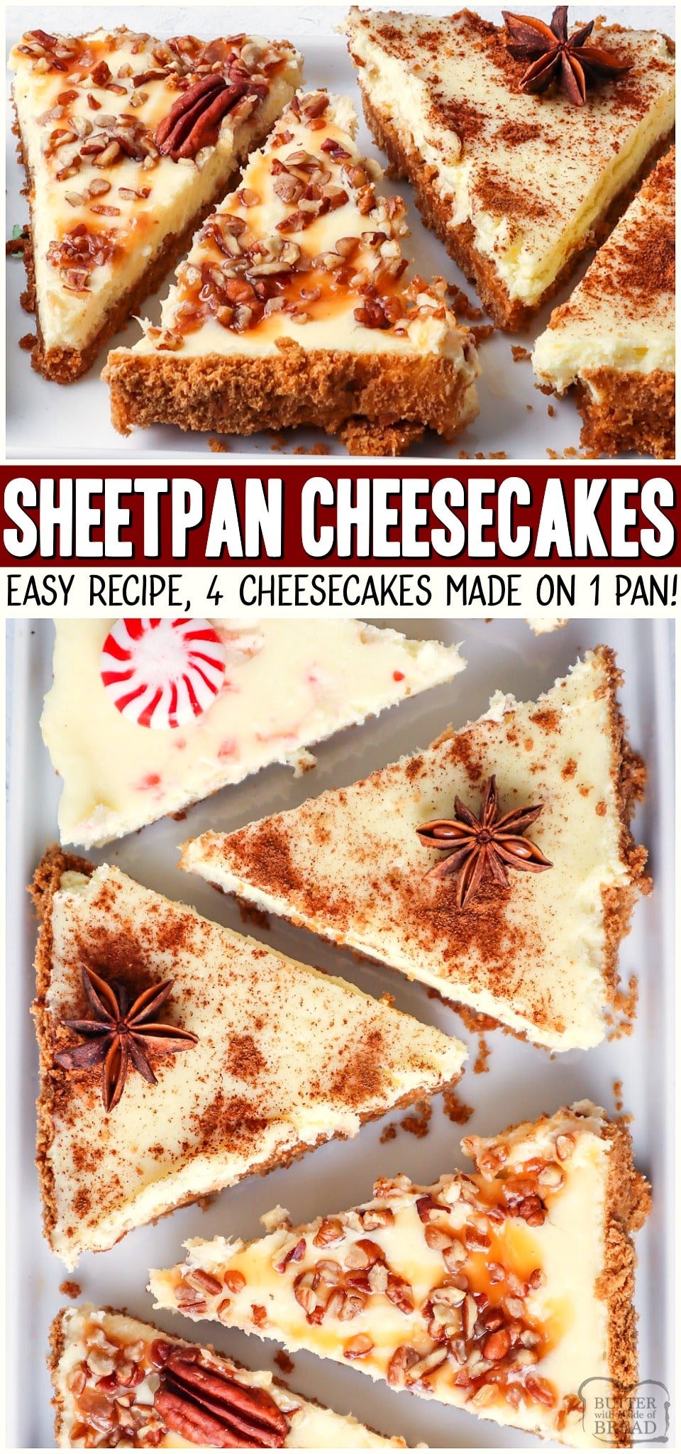 This easy sheet pan cheesecake recipe is one to remember. With just one simple graham cracker crust and a basic cheesecake batter we can create holiday cheesecake bars with 4 flavor options to choose from!   1 sheet pan and 4 delicious flavors of homemade cheesecake made conveniently on a sheet pan. Serve it up at your next holiday party and watch them disappear!