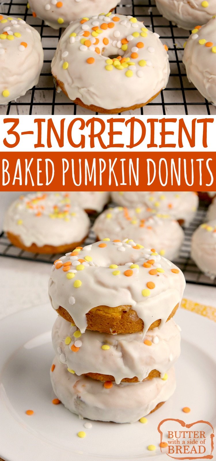 3-Ingredient Baked Pumpkin Donuts made with pumpkin, cake mix and frosting and completely baked in under 15 minutes! Easy cake mix donut recipe that yields soft, delicious doughnuts with tons of pumpkin flavor!
