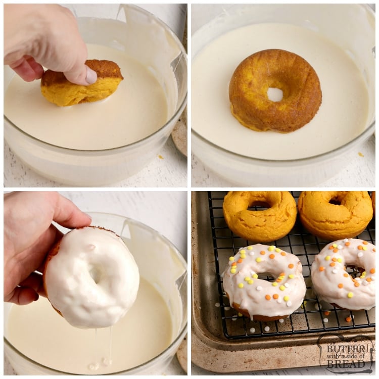 Dipping donuts into easy vanilla glaze