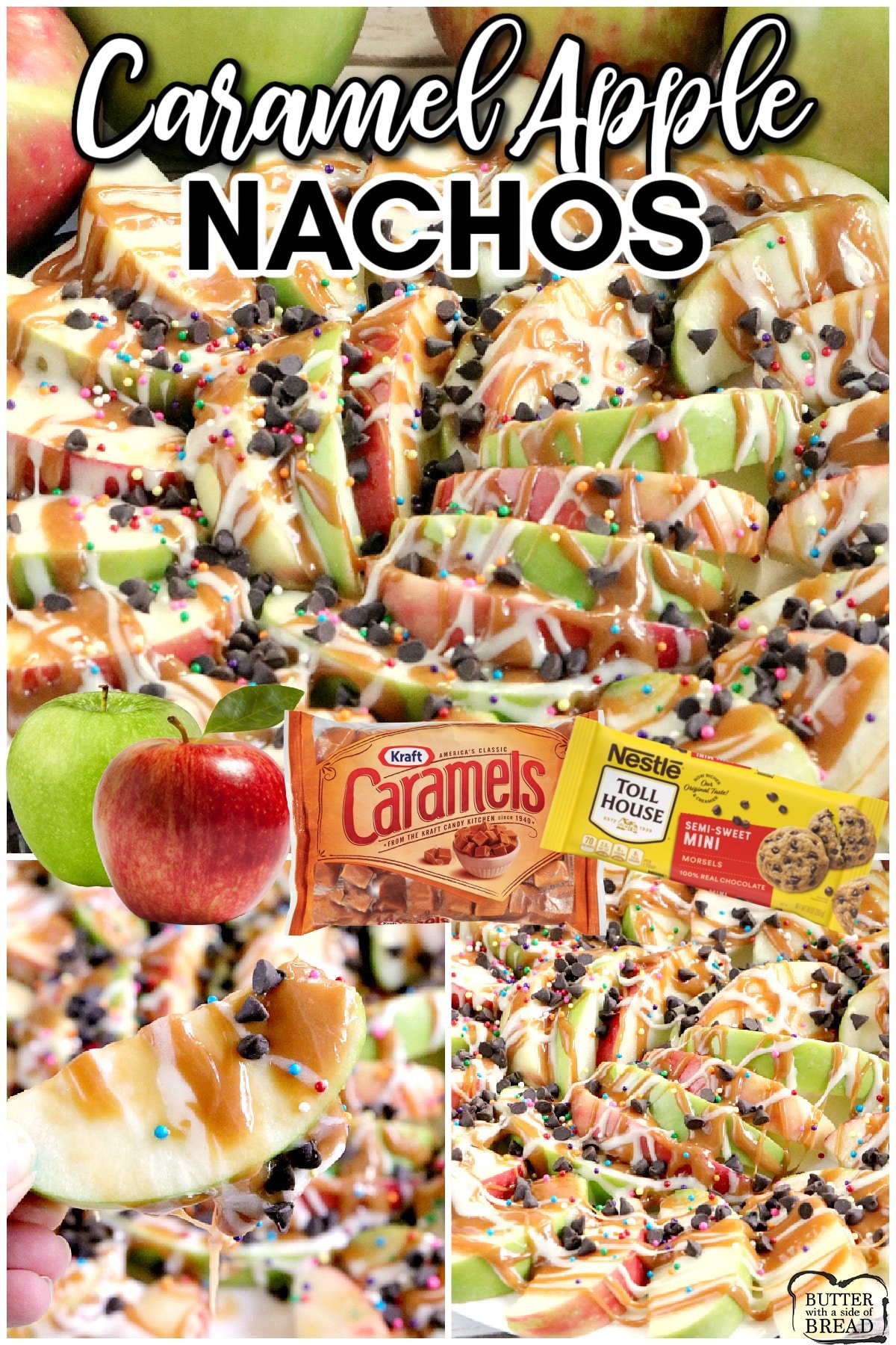 Caramel Apple Nachos are easily made by topping sliced apples with caramel, melted marshmallows, chocolate chips and sprinkles! This fun variation of a traditional caramel apple recipe is easier to share and easier to eat too!