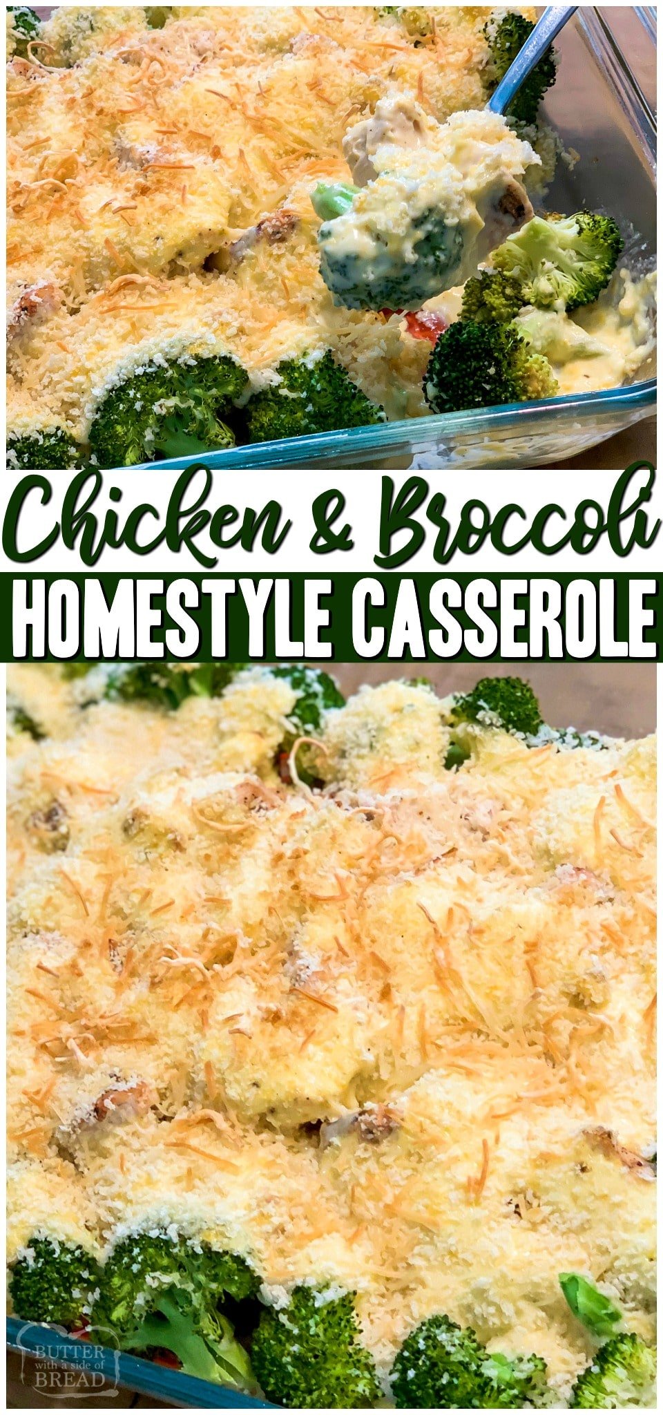 Chicken and Broccoli Casserole~ we're sharing our family recipe that's been passed down generations! Creamy cheese sauce mixed with delicious tender chicken and broccoli topped with buttery bread crumbs make it the perfect comfort food! #chicken #broccoli #casserole #easyrecipe #dinner #chickendinner from BUTTER WITH A SIDE OF BREAD