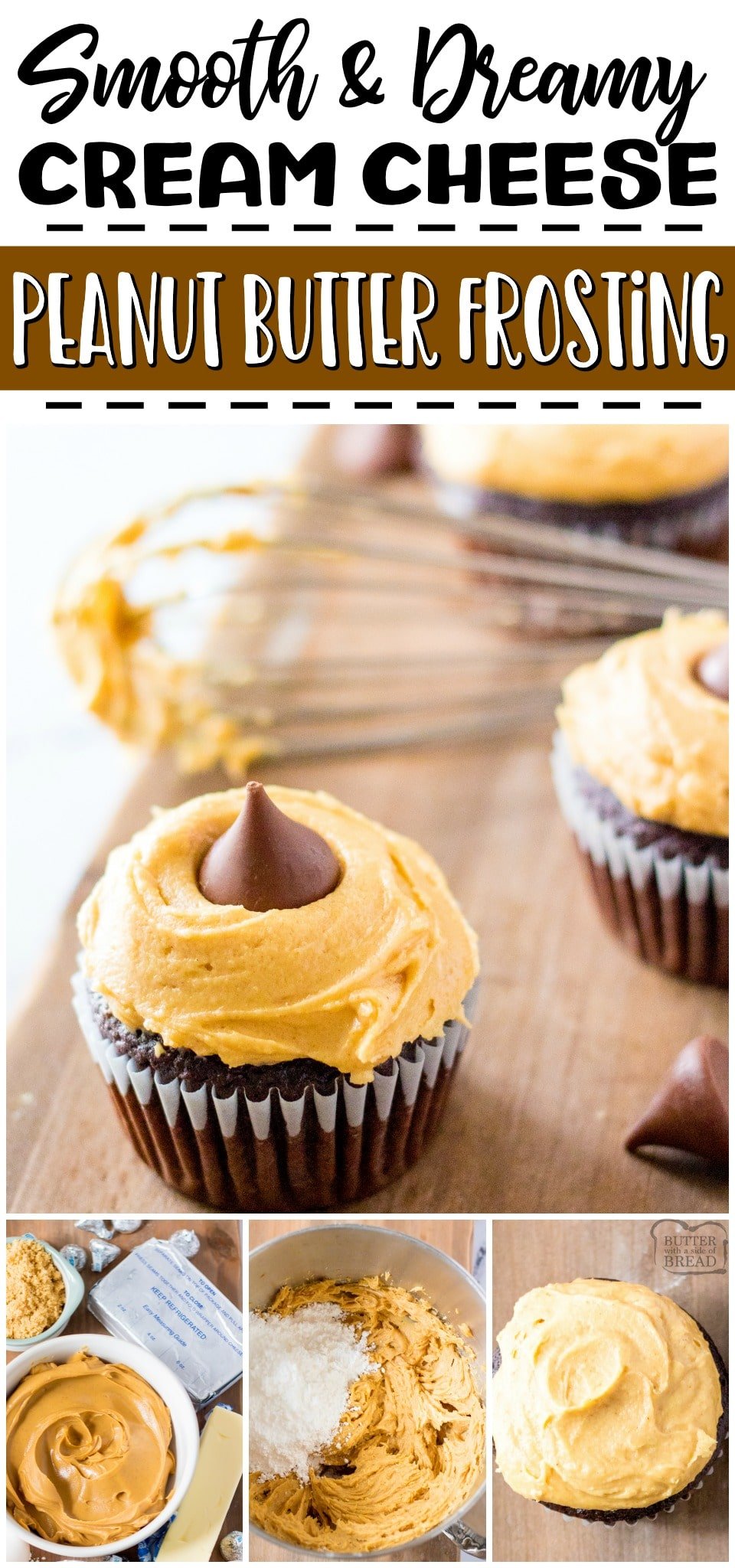 Peanut butter cream cheese frosting is a salty sweet, flavorful frosting recipe that you’re going to love! Cream Cheese & peanut butter combine for a deliciously fluffy, smooth peanut butter frosting that is perfect on cupcakes, cakes, cookies & more! #peanutbutter #frosting #creamcheese #dessert #buttercream #easyrecipe from BUTTER WITH A SIDE OF BREAD