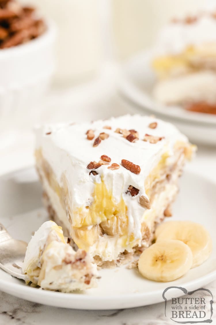 Creamy Banana Pecan Pie combines two classic pies into one delicious dessert! This simple banana pie recipe is made in a pecan crust, with fresh bananas sandwiched between two creamy layers.