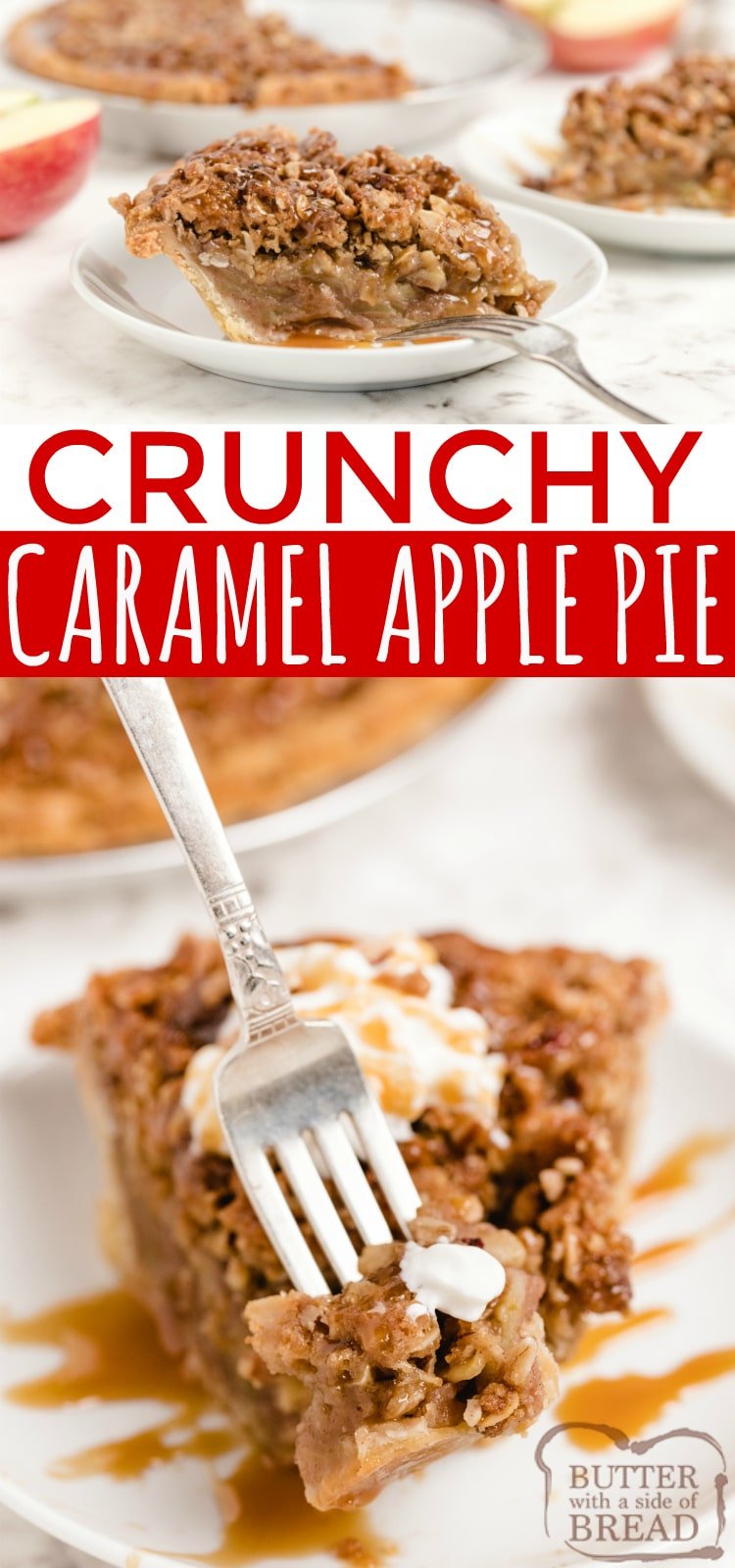 Crunchy Caramel Apple Pie made with a pre-made pie crust, filled with sliced apples and topped with a crunchy sweet streusel, pecans and caramel! Easy apple pie recipe topped with a buttery brown sugar and oat topping instead of a traditional pie crust. 