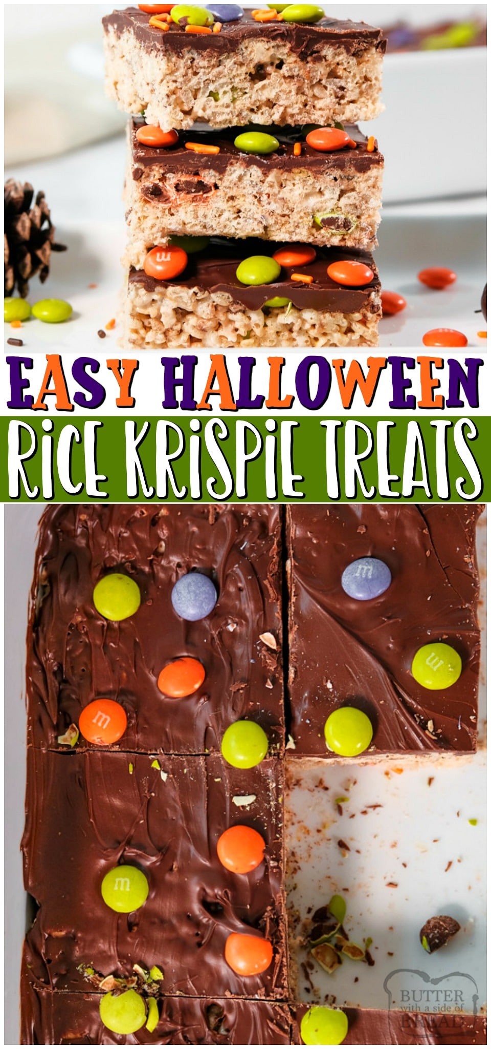 Halloween Rice Krispie Treats are the perfect Halloween dessert this fall! With sprinkles, chocolate, and marshmallow packed cereal bars in every bite, it’s sure to be a spooky delight. #Halloween #KrispieTreats #Marshmallows #Dessert #EasyRecipe from BUTTER WITH A SIDE OF BREAD