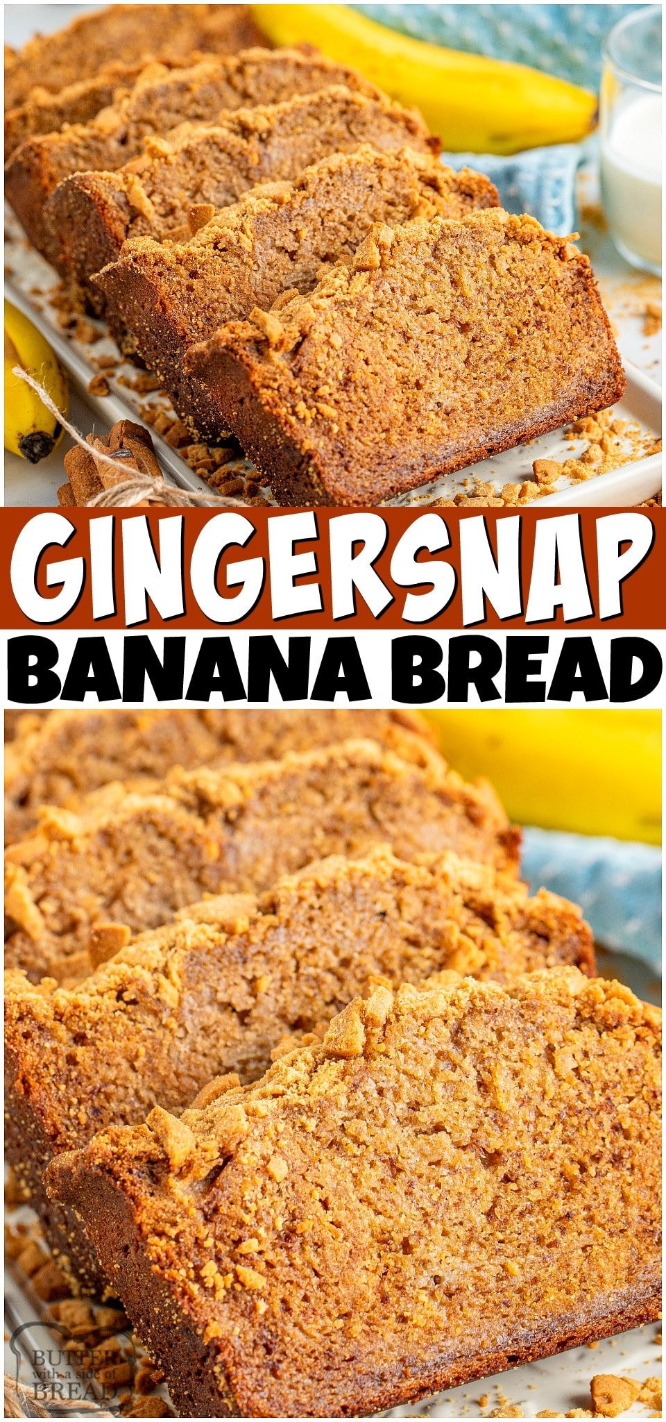 Gingersnap Banana Bread is a spiced banana bread recipe topped with crushed gingersnap cookies! The flavors meld into perfection in this incredible banana quick bread. 