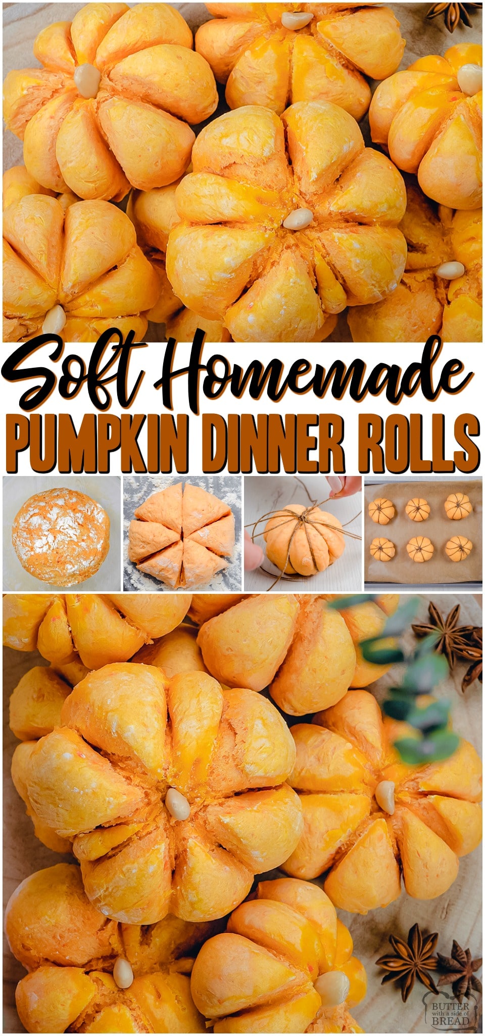 Pumpkin Dinner Rolls are soft & feathery homemade rolls that are shaped like pumpkins! Easy yeast dinner rolls made with pumpkin for a perfectly festive addition to dinner. #pumpkin #dinnerrolls #bread #yeast #Thanksgiving #Halloween #Fall #easyrecipe from BUTTER WITH A SIDE OF BREAD