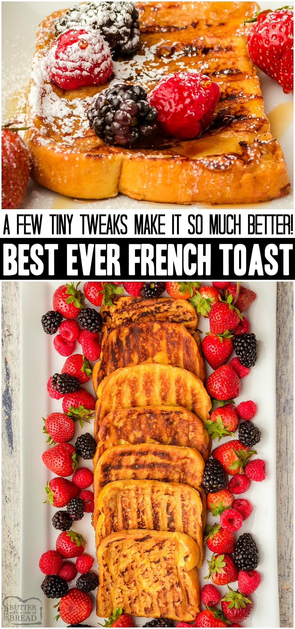 Best recipe for classic French Toast with a twist! Adding this simple ingredient really takes this traditional French Toast up a notch. Try serving it with my Butter Syrup recipe too- you'll love it! #FrenchToast #Breakfast #sweet #BestBreakfast #Homemade #EasyRecipe from BUTTER WITH A SIDE OF BREAD