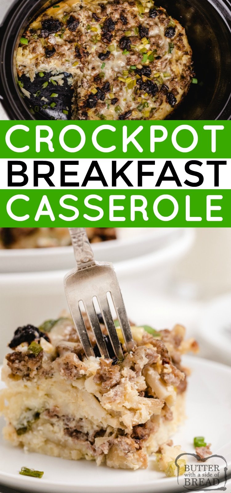 Crockpot Breakfast Casserole cooks overnight to be ready when you wake up in the morning!  Slow Cooker Breakfast casserole recipe is a high protein breakfast made with hash browns, sausage, cheese, eggs and veggies.