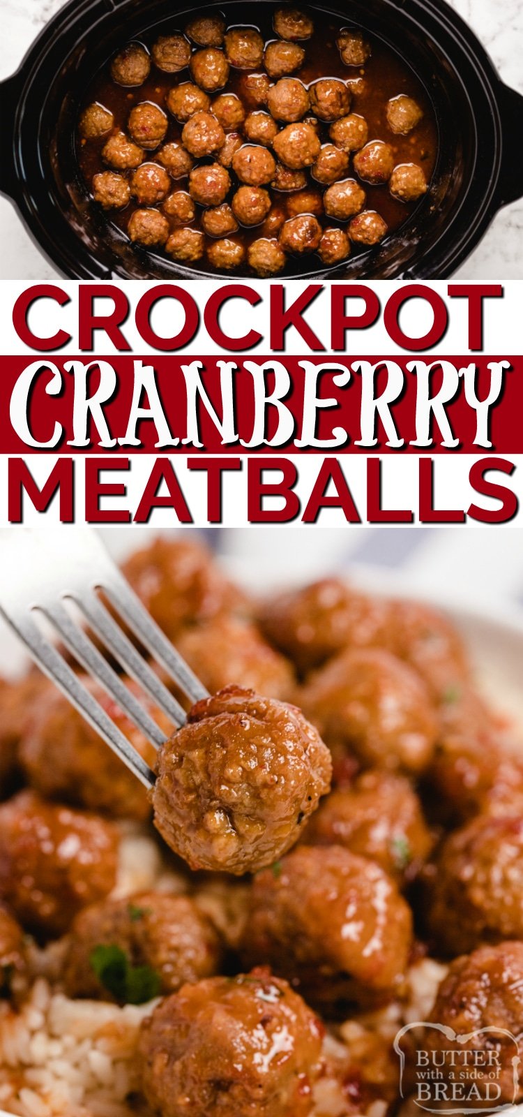 Crockpot Cranberry Meatballs make the perfect appetizer or a simple dinner when served with rice. Only a few simple ingredients and less than 5 minutes of prep time for this delicious slow cooker meatball recipe! 