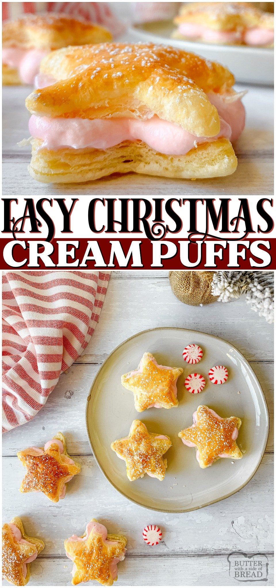 Peppermint Cream Puff Stars are a simple, 4-ingredient cream puffs perfect for Christmas!  With cute peppermint filled puff pastry stars, you can have a festive dessert that's so easy to make!