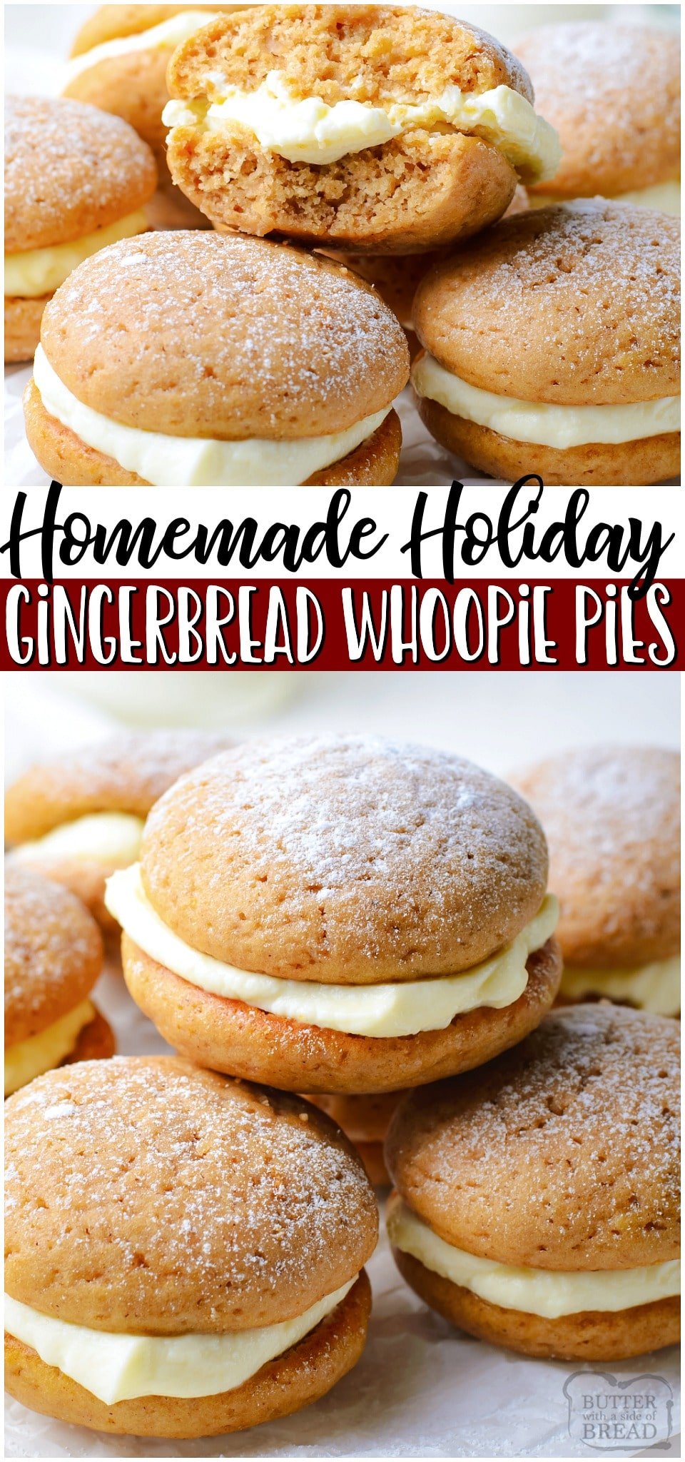Gingerbread whoopie pies are soft, spiced gingerbread cookies with a lovely cream cheese filling. Perfect gingerbread treat for the holidays! 