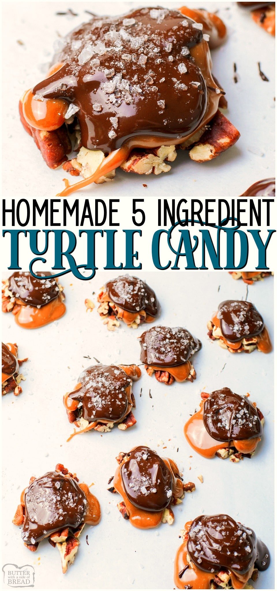 Homemade turtle candy recipe with just 5 ingredients & perfect for holiday dessert trays! With toasted pecans, melted chocolate, and gooey caramel in every bite, these easy to make candies are a perfect treat!