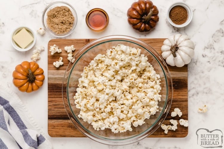 Ingredients in maple pumpkin spice popcorn recipe