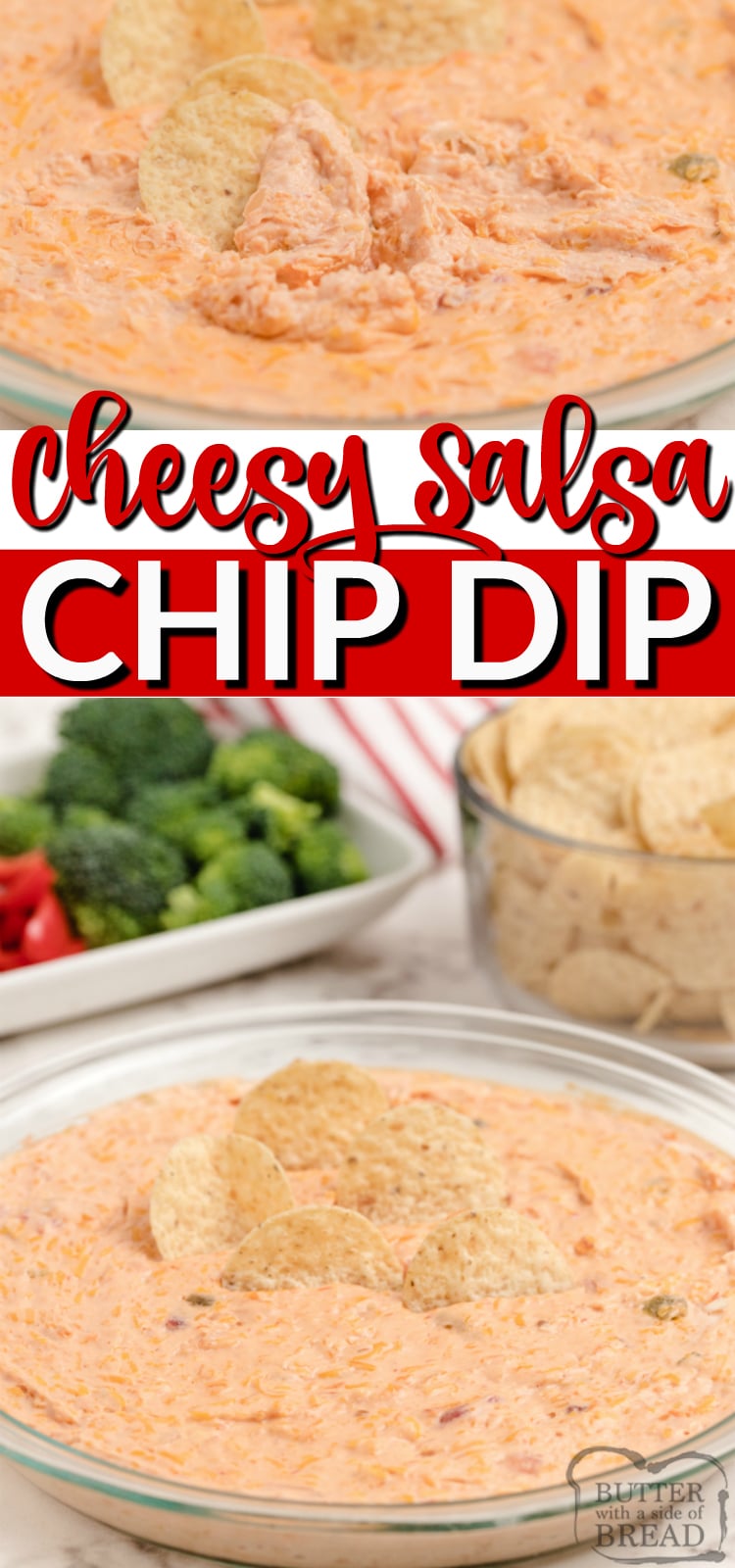 Cheesy Salsa Dip made with cream cheese, salsa, sour cream and cheddar cheese. This cream cheese salsa dip is baked and served warm with chips for an easy appetizer everyone loves!