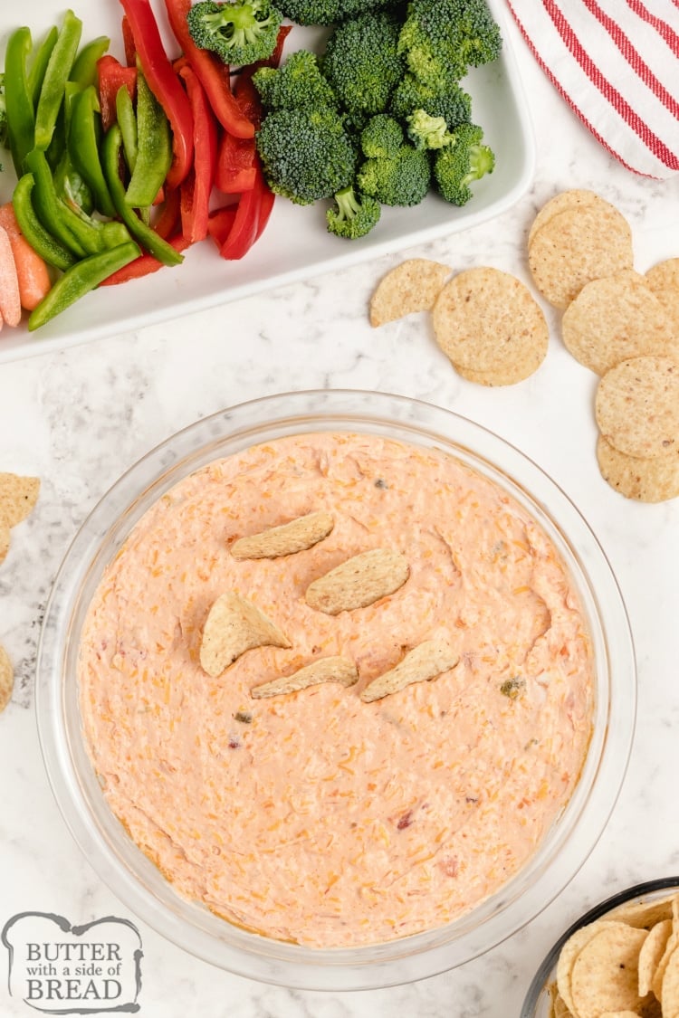 Cream Cheese Salsa Dip recipe served with veggies and chips