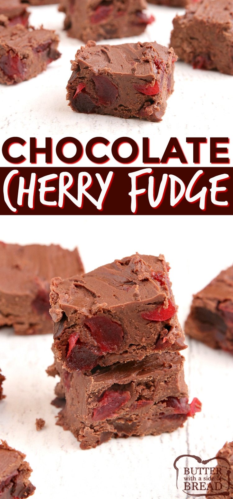 Easy Cherry Chocolate Fudge made with three ingredients in the microwave in less than 3 minutes! Easy fudge recipe ever with tons of cherry and chocolate flavor - no boiling or candy thermometers needed.